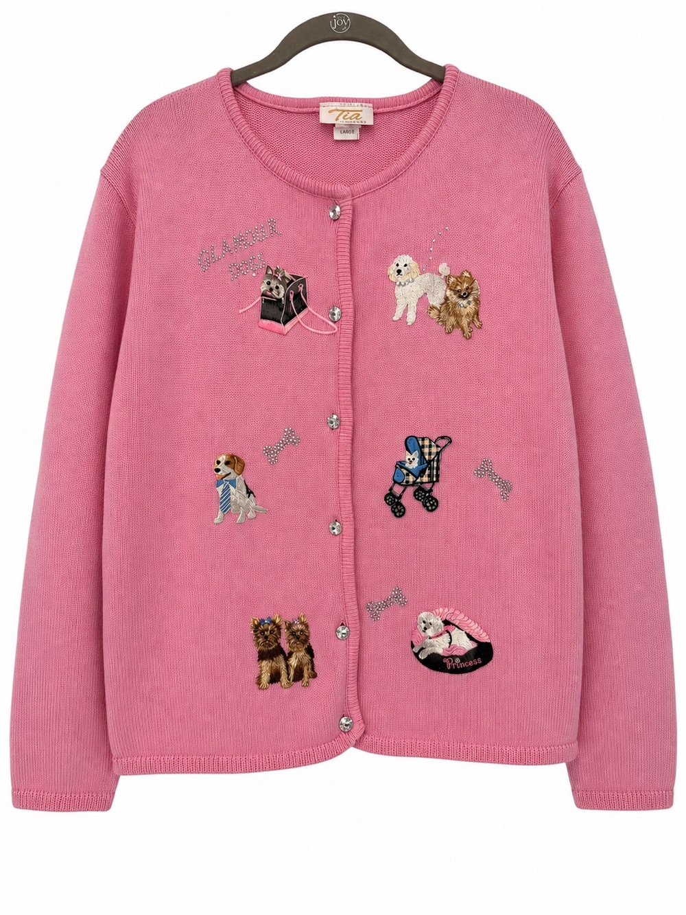 Vintage Tia Puppy Dog Cardigan Sweater Large Pink Michael Simon Inspired